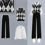 Pants Sets Contrast Plaid V Neck Knitted Vest White Shirt - Vusy Kawaii Shop