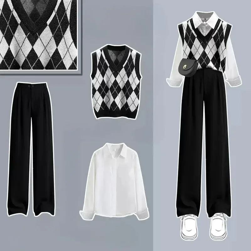 Pants Sets Contrast Plaid V Neck Knitted Vest White Shirt - Vusy Kawaii Shop