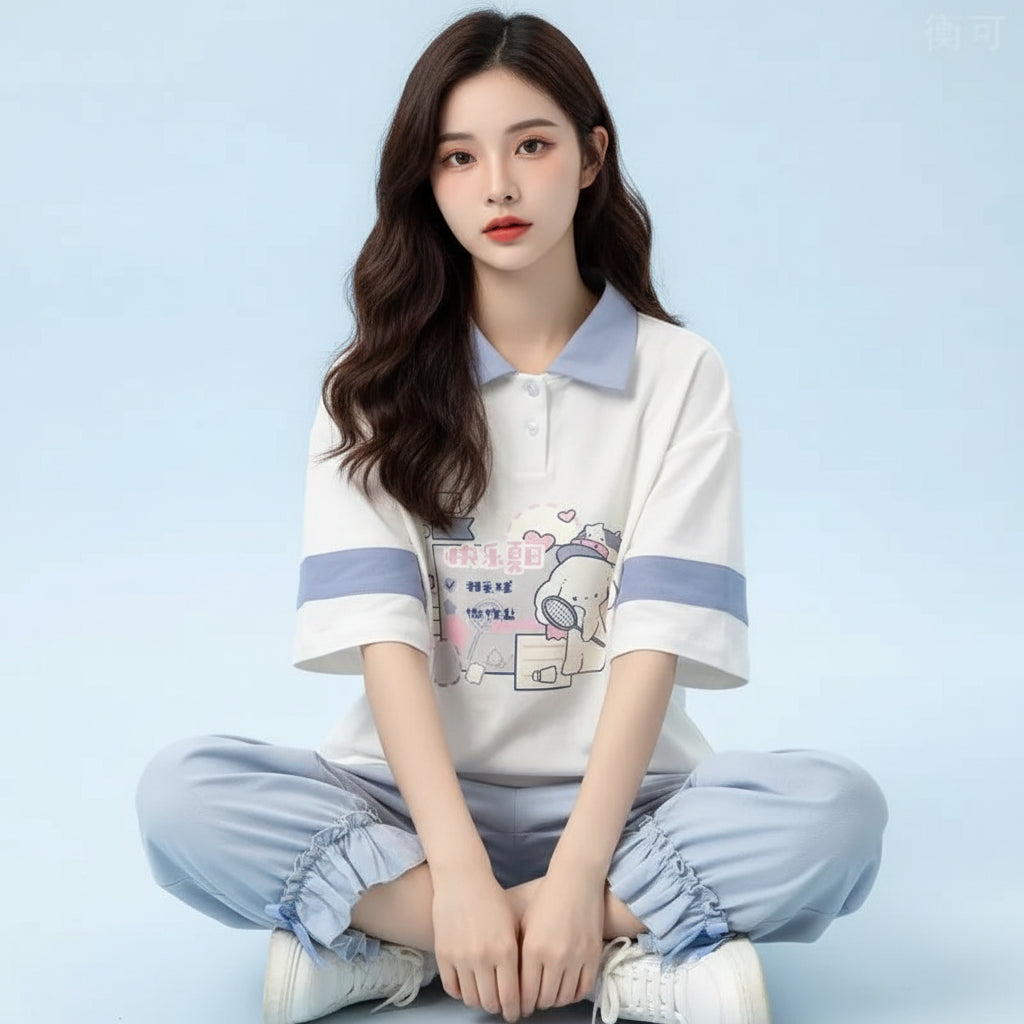 Japanese Academy Style Polo Shirt Cartoon Print Loose Short - Vusy Kawaii Shop