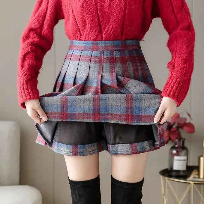 Autumn Woolen Pleated Skirts Women High Waist Dress JK