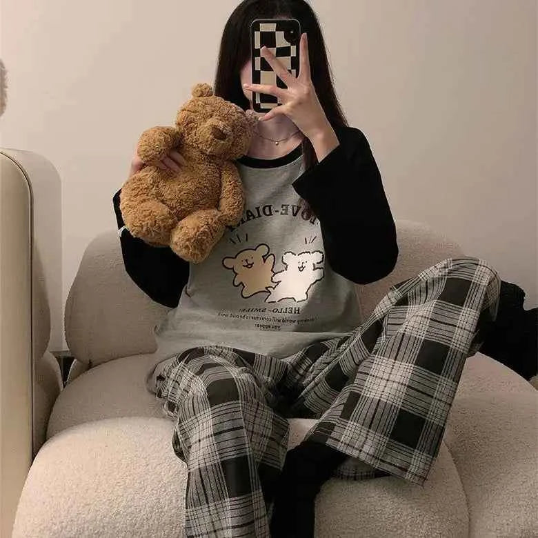 Kawaii Sanrios Hello Kittys Women's Pajamas Set Spring Autumn Anime Cartoon Student Long Sleeved Pants 2Pcs Girls Nightwear Gift