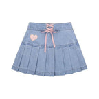 Sweet Bow Lace up High Waist Denim Skirts Ruched A-line