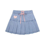 Sweet Bow Lace up High Waist Denim Skirts Ruched A-line