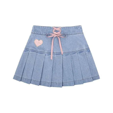 Sweet Bow Lace up High Waist Denim Skirts Ruched A-line