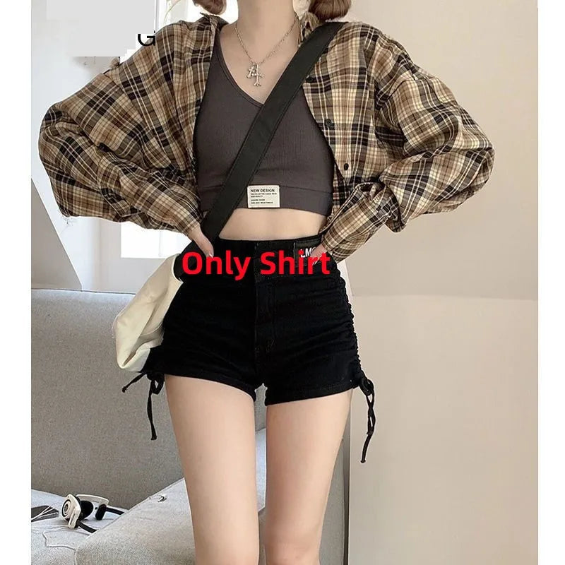 Women Spring Summer Tracksuit Korean Plaid Shirt Strap Loose - Vusy Kawaii Shop