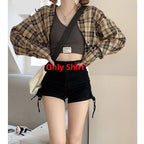 Women Spring Summer Tracksuit Korean Plaid Shirt Strap Loose - Vusy Kawaii Shop
