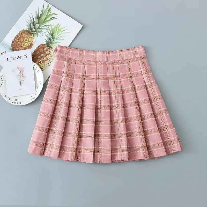 Plaid Pleated Skirt Women Spring High Waist A-Line Skirt