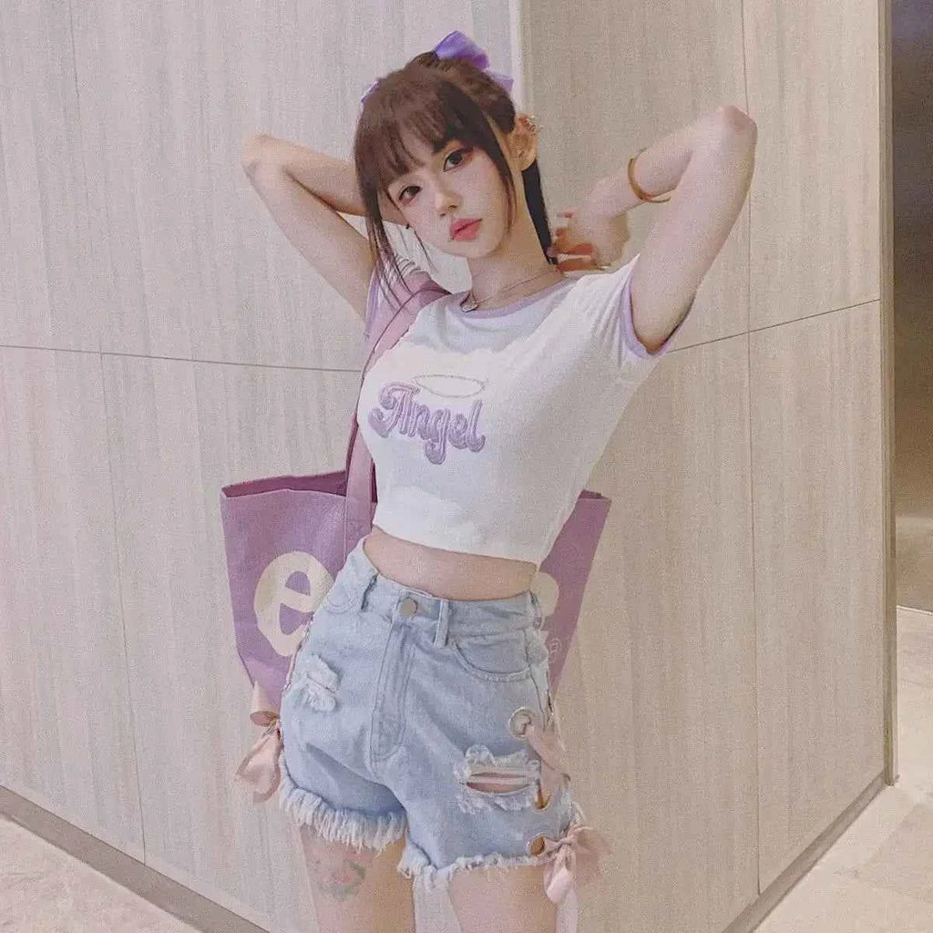 Japanese Summer High Waisted Denim Shorts Cute Ribbon Bow