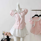 Women's Sweet Polka Dot Bow Collar Top & Mini Skirt Set