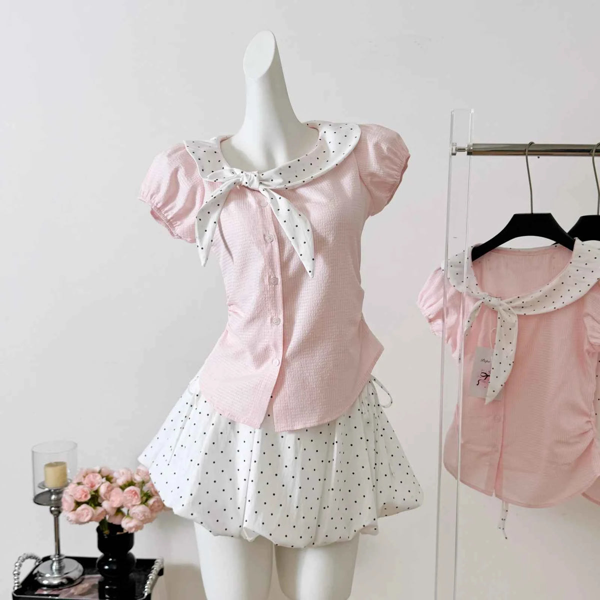 Women's Sweet Polka Dot Bow Collar Top & Mini Skirt Set