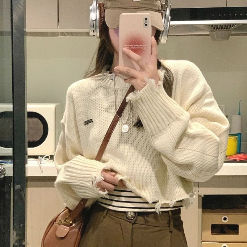 Cream Wool Coat Sweater and Wide Leg Jeans Set, model wearing the cream distressed-hem knit sweater