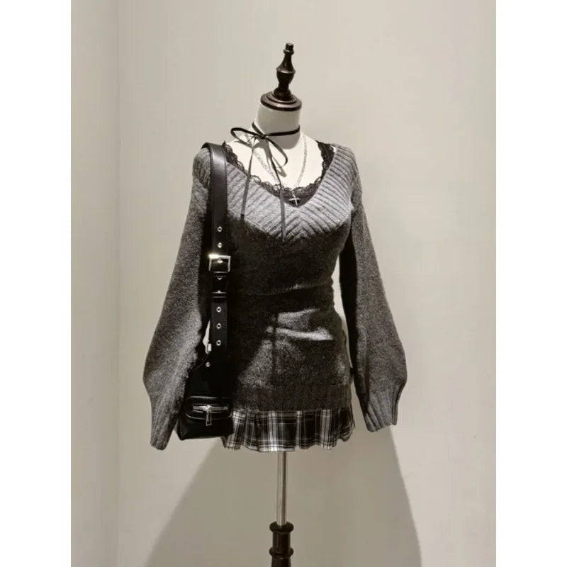 Knitted Suits Autumn Winter Woman V-Neck French Vintage Long - Vusy Kawaii Shop