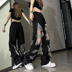 New Y2k Front-Rear  Broken Hole Jeans All-Match Distressed Women High Street Hip Hop High Waist Straight Loose Trousers