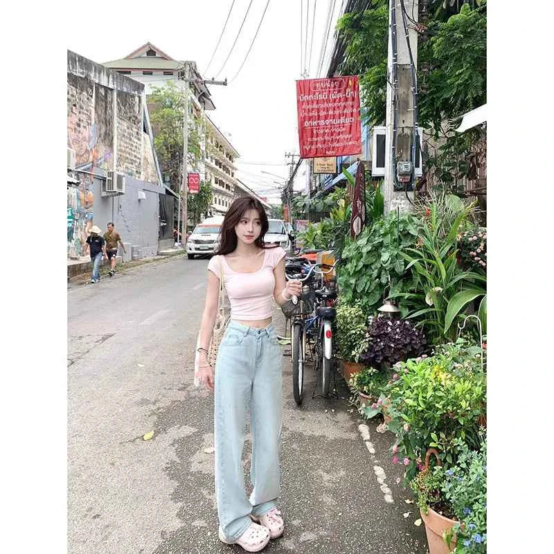 Blue Jeans for Women High Quality High Waist American Wide Leg Pants Bow Embroidery Y2K Vintage Straight Summer Trousers 2024