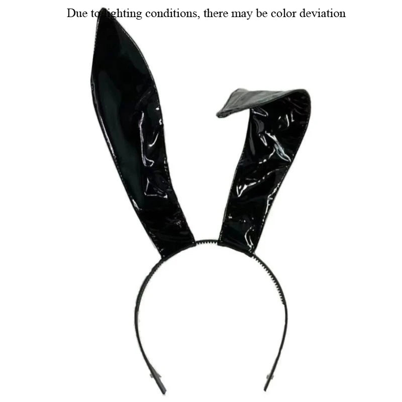 Shiny black rabbit ear headband with color notice, product front view