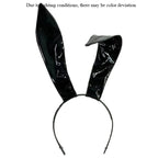 Shiny black rabbit ear headband with color notice, product front view