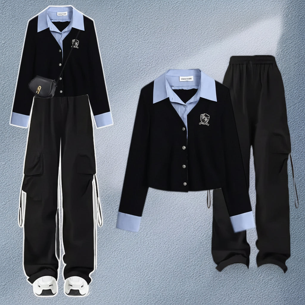 Spring Tracksuit Set Korean Elegant Fake Two-Piece Polo - Vusy Kawaii Shop