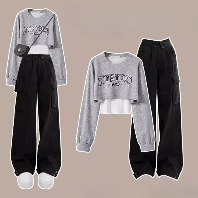 Pants Sets O Neck Letter Printed Short Sweatshirt Tank Top - Vusy Kawaii Shop