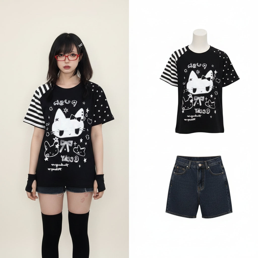 Cat Print Cute Woman Tshirts Tops Japanese Tees Short Sleeve - Vusy Kawaii Shop