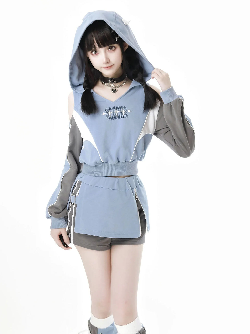Blue and Grey Splicing Academy Style Hoodie Set Tracksuit - Vusy Kawaii Shop