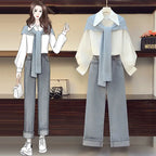 Two Pieces Set Women Fashion Long Sleeve White Shirt, Shawl - Vusy Kawaii Shop