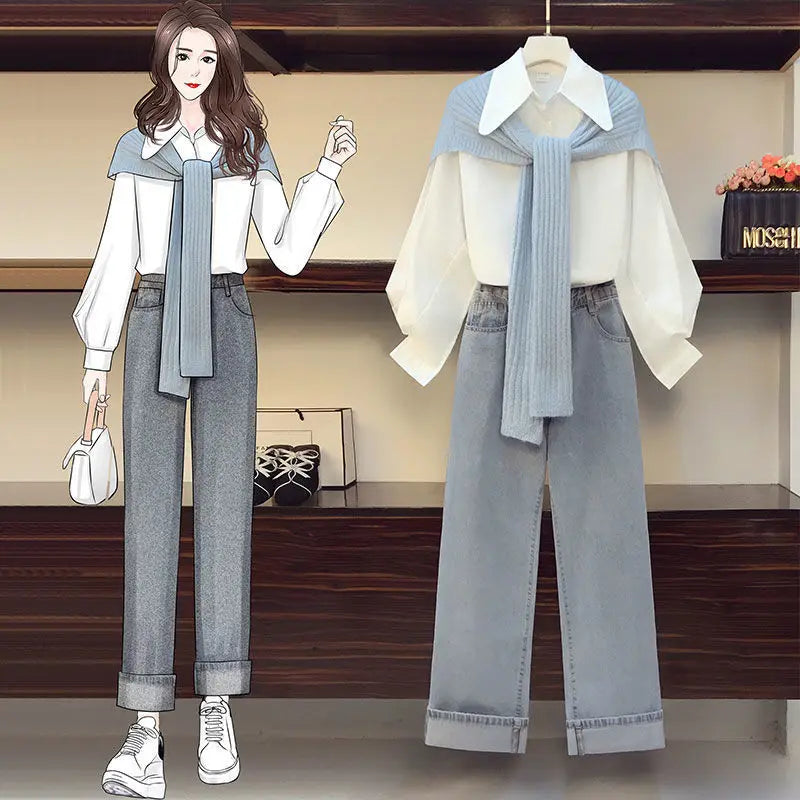 Two Pieces Set Women Fashion Long Sleeve White Shirt, Shawl - Vusy Kawaii Shop