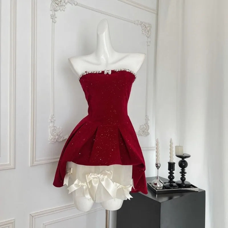 Red velvet dress with white bow sweater, product photo 5