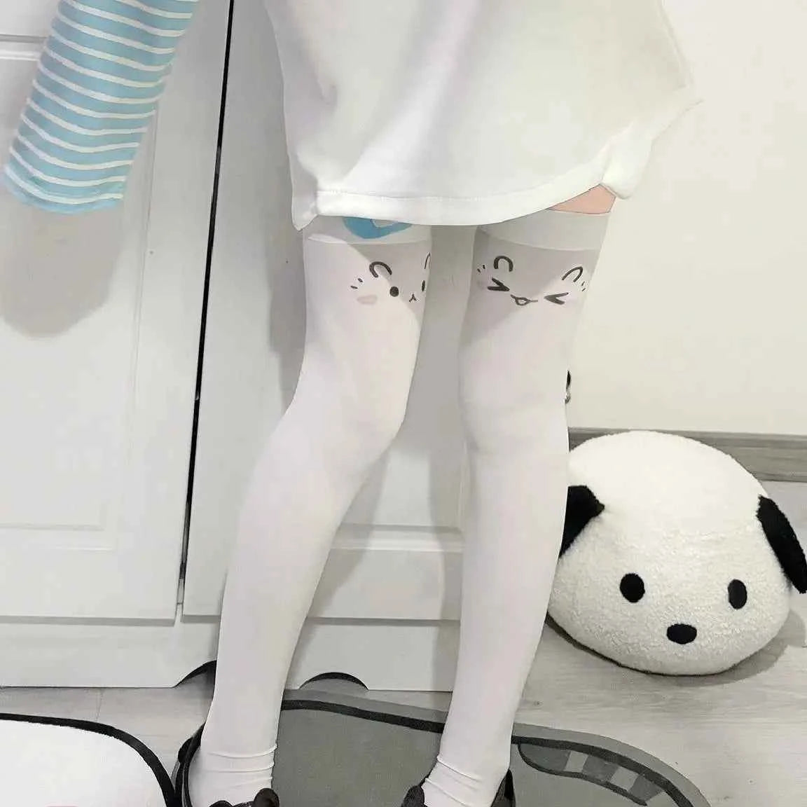 Japanese Kawaii Expression Thigh Socks White Print Long Socks JK Harajuku Over Knee Thigh High Stockings Y2K Cosplay Socks