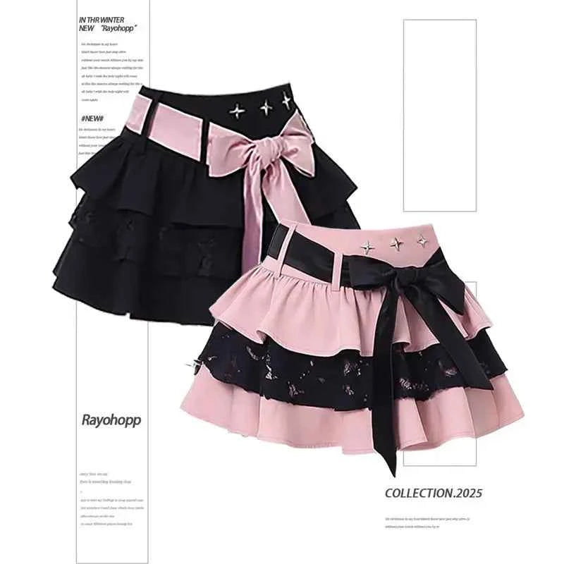 Harajuku Vintage Sweet Ruched Cake Skirts High Waist Bow