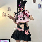 American Sexy Hollow Out Black Pink T-Shirts Summer Print - Vusy Kawaii Shop