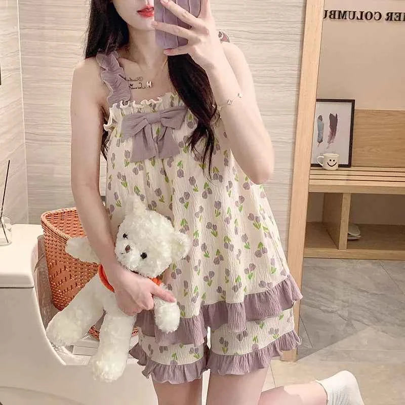 New Women's Pajamas Homewear Summer Sleeveless Homewear Suit Thin Sweet Japanese Loose Ruffles Can Be Worn Outside Pajamas 2
