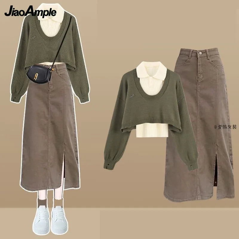 Women Spring Autumn Vintage Knit Sweater, Vest and Denim - Vusy Kawaii Shop