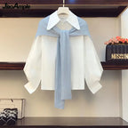 Two Pieces Set Women Fashion Long Sleeve White Shirt, Shawl - Vusy Kawaii Shop