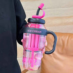 Trendy Oversized Tumbler - 32oz Summer Cup with Straw & Leakproof Lid - Cute Lucky Print Design for Travel, Beach & Outdoor