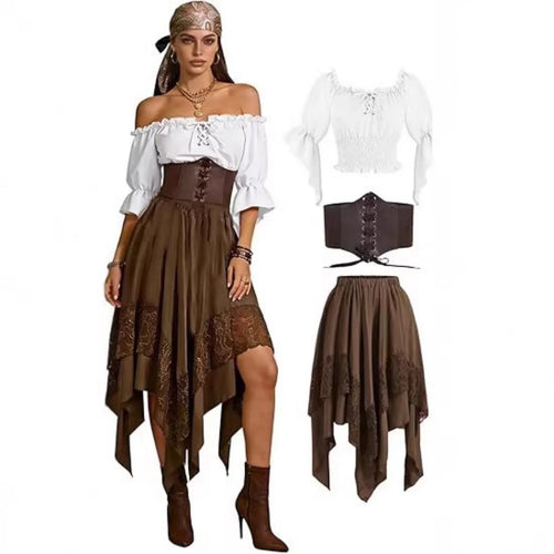 Pirate wench costume in brown on model and flat lay: white blouse, corset, lace skirt