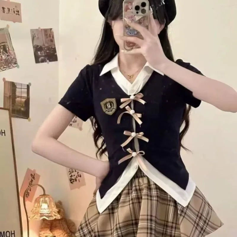 Sweet American Vintage Patchwork Bow Short Sleeve Top Women - Vusy Kawaii Shop