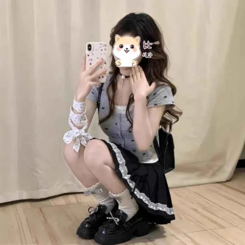 Fashion Sweet Bow Ruched A-Line Skirt High Waist Lace Cake