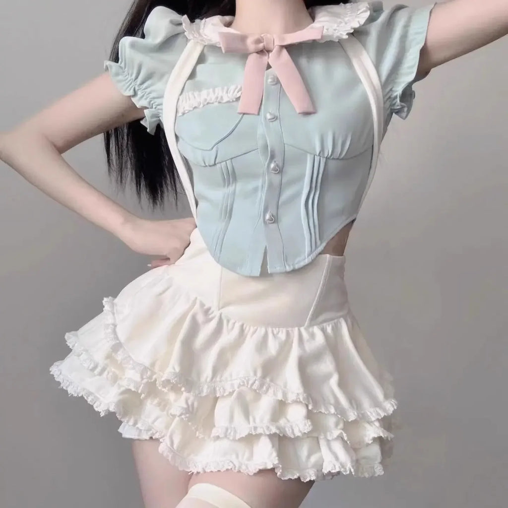 Kawaii Kawaii Clothing 2 Piece Sets Puff Mini Skirts Crop - Vusy Kawaii Shop