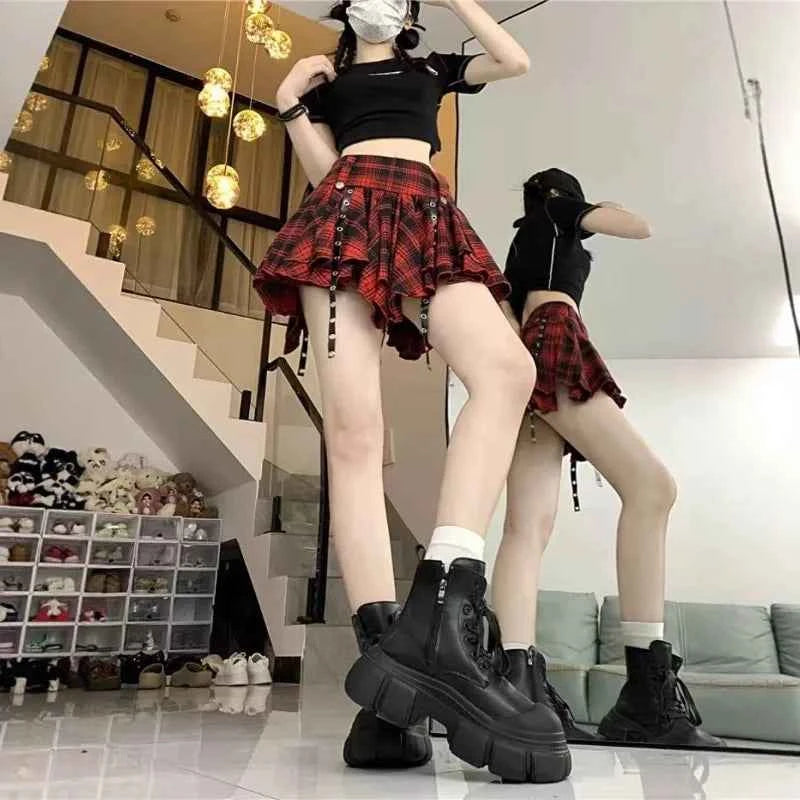 Red Plaid Pleated Skirt Summer Irregular High Waist A-line