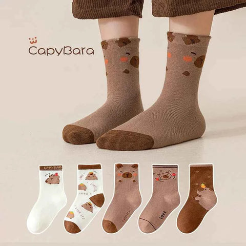 5Pairs Breathable Soft Casual Socks Cartoon Capybara Print Mid-Tube Socks Unisex Autumn Winter Coffee Keep Warm Mid-tube Socks