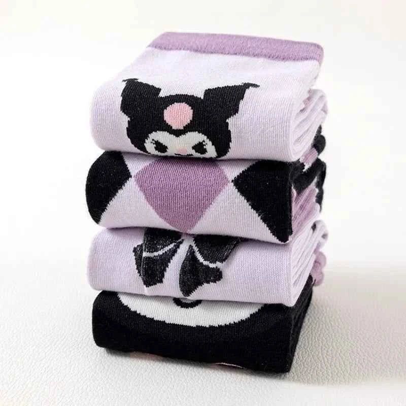 4 Pairs Cartoon Sanrio Kuromi Socks Kawaii Children's Calf Socks Cotton Girls Bow Spring and Summer Stockings Children's Gifts