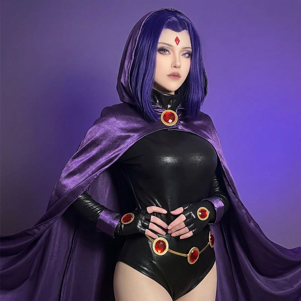 Raven Teen Titans cosplay black jumpsuit with red gem waistband, close up