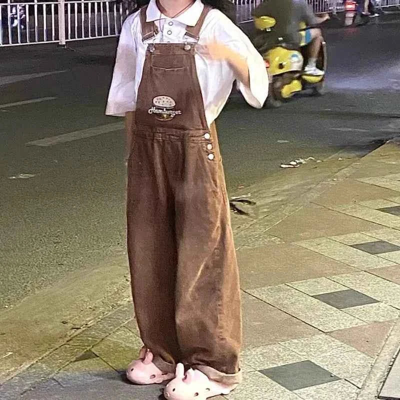 Loose Denim Pant Women Preppy Style Y2k Wide Leg Jeans Straight Japanese Kawaii Summer Vintage Overalls Ankle-Length Pants
