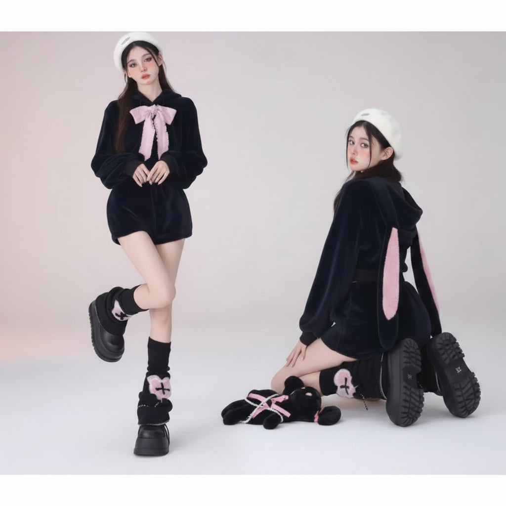 Autumn-Winter White Plush Bow Rabbit Ear Hooded Sweatshirt - Vusy Kawaii Shop