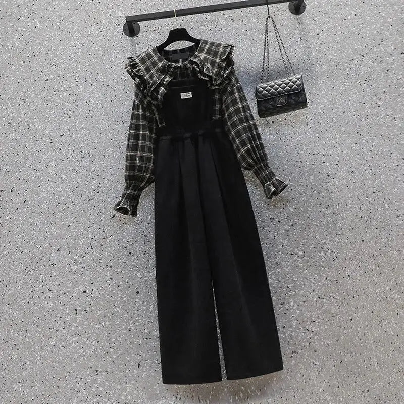 Retro Plaid Shirt Overall Pants 2-Piece Set - Vusy Kawaii Shop