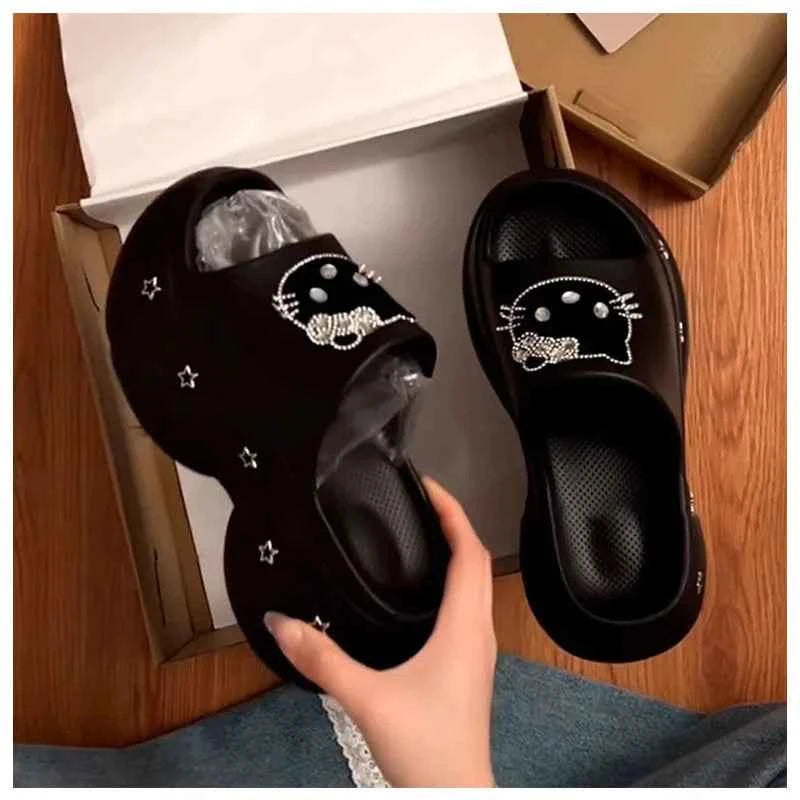 New Sanrios Hello Kittys Slippers Women Summer Fashion Wedge Platform Slides Girl Sandals Outdoor Soft Sole Beach Shoes Non Slip