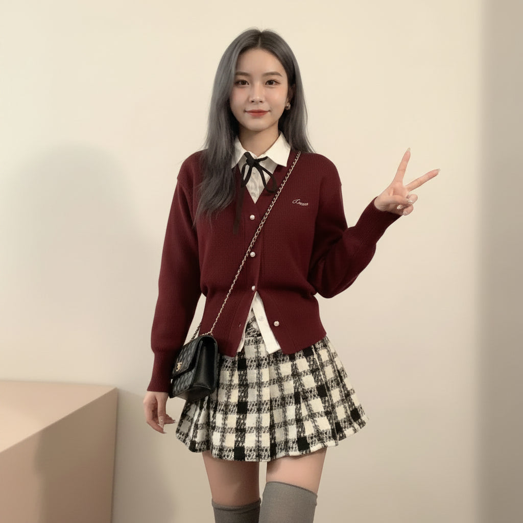 Autumn Winter Wine Red Waist Slim Fit Knitted Sweater - Vusy Kawaii Shop