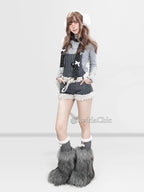 Gray Y2K furry knit shortalls set with polka dot turtleneck, product photo 5