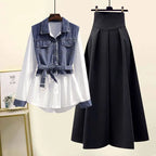 Spring Autumn Elegant Denim Splicing Fake Two Piece Long - Vusy Kawaii Shop
