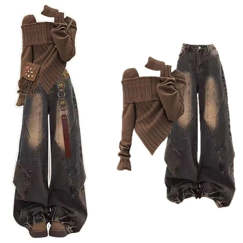Brown off-shoulder knit top with wide leg jeans, high-waist denim